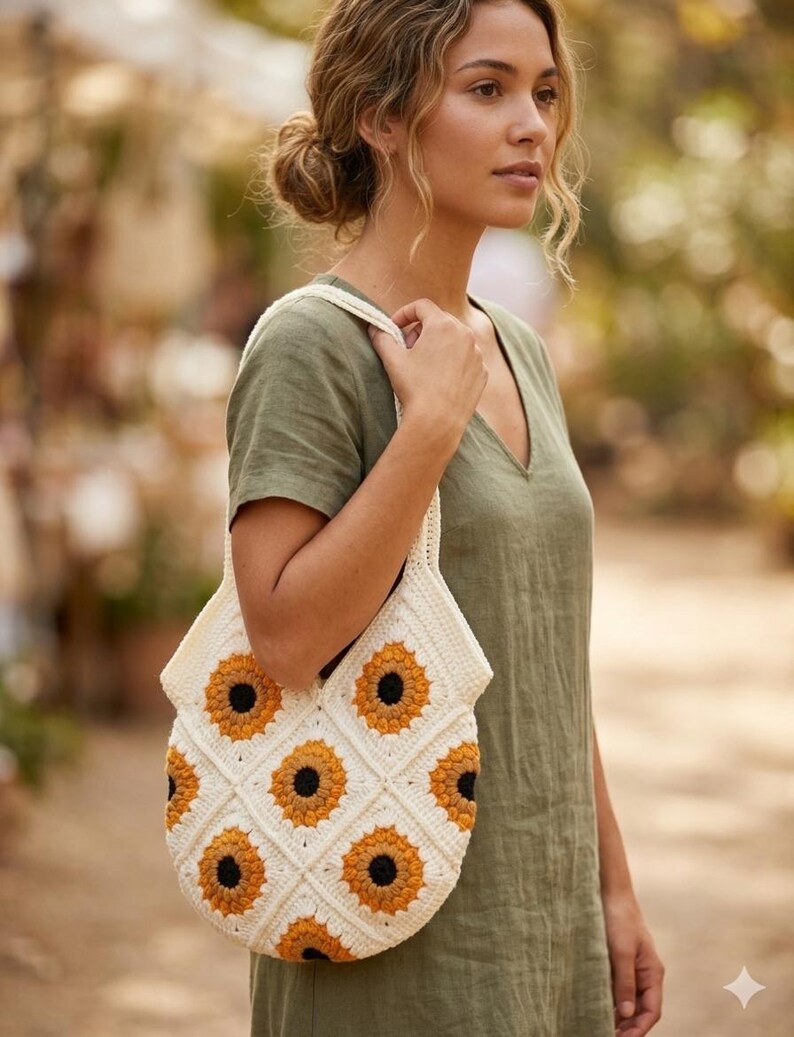 May include: A white crochet tote bag with a sunflower design. The bag features a repeating pattern of yellow and black sunflowers on a white background. The bag has a shoulder strap and is held by a person wearing a green dress.