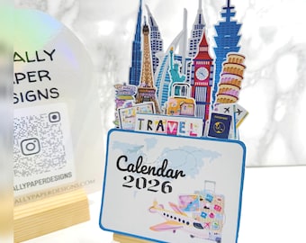 Travel World Tour Calendar | Adventure Desk Calendar | Luggage mini Calendar with a Wooden Easel Stand | Traveller Desk Calendar 2026