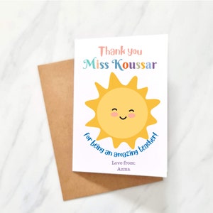 Sole personalizzato Biglietto di ringraziamento-Apprezzamento scuola-Pre-scuola fine anno Insegnante-Asilo nido Biglietto di auguri-Assistente didattico