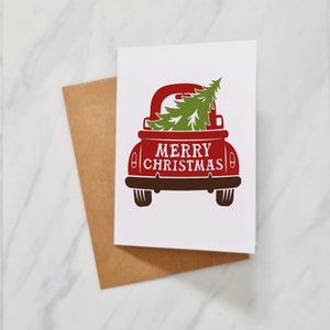 Cartolina di Natale / Buona Cartolina di Natale / Cartolina di Natale religiosa / Spettacolare bella cartolina di Natale colorata / Camion e albero di Natale