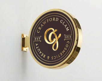 Gold Round Lightbox Sign, Double-Sided Illuminated Storefront Signage, Projecting Sign with Custom Logo, UL and CE Certified