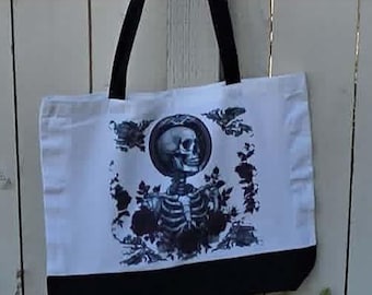 Gothic Skeleton Canvas Tote Bag, Dark Academia Tote, Skull Rose Tote Bag, Gothic Floral Bag, Halloween Tote, Alternative Gift for Her