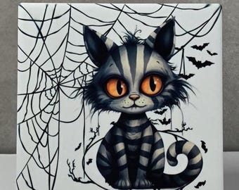 Halloween Cat Ceramic Coaster, Spooky Black Cat Drink Coaster, Gothic Halloween Decor