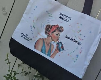 Emotional Baggage Canvas Tote Bag, Funny Retro Tote Bag, Vintage Pin Up Shopping Bag, Sarcastic Reusable Market Tote, Gift for Her