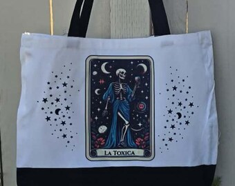 La Toxica Tarot Canvas Tote Bag | Gothic Skeleton Bag | Spooky Halloween Tote | Witchy Book Bag | Latina Gift | Reusable Shopper