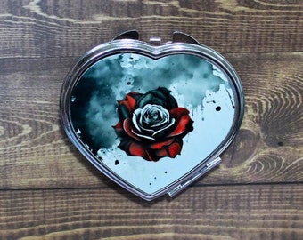 Black & Red Rose compact mirror, double sided, Makeup pocket mirror