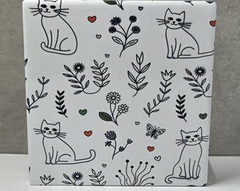 Ceramic Cat Coaster, Floral Botanical Design, Cat Lover Gift