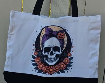 Halloween Skull Canvas Tote Bag | Pumpkin Headwrap Skeleton Bag | Spooky Fall Tote | Gothic Floral Book Bag | Witchy Gift | Reusable Shopper