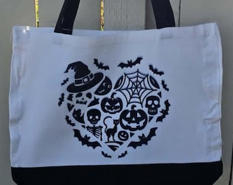 Halloween Heart Canvas Tote Bag | Witch Tote | Black Cat Pumpkin Shopper | Spooky Reusable Book Bag | Fall Gift for Her