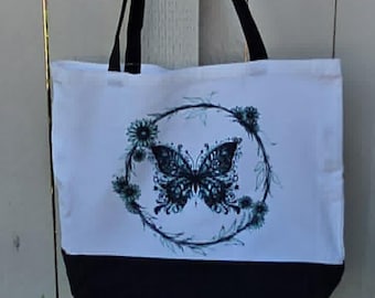 Butterfly Canvas Tote Bag, Botanical Floral Tote, Cottagecore Bag, Boho Shopping Tote, Nature Lover Gift, Reusable Canvas Tote for Her