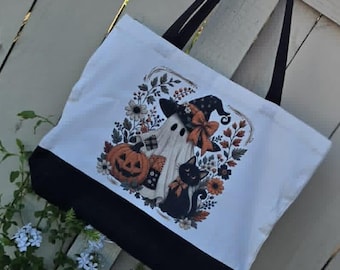Ghost Cat Halloween Canvas Tote Bag | Cute Spooky Witch Tote | Black Cat Pumpkin Fall Market Bag | Boho Halloween Gift