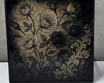 Gothic Floral Ceramic Coaster, Dark Rose Drink Coaster, Victorian Style Home Decor