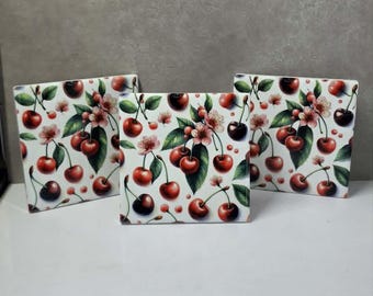 Cherry Ceramic Coasters, Fruit Drink Coasters with Cork Backing, Cherry Kitchen Decor