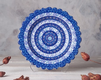 Handmade Decorative Plates for Display, Wall Hanging Decor, Embossed Ceramic Wall Plate, Hand Painted Blue Turkish Pottery, Christmas Gift