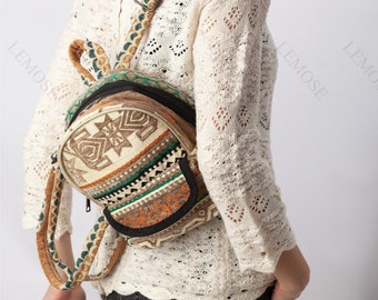 Mini Embriodered Backpack for Women, Small Boho-Hippie Backpack Purse, Casual Cute Woven Backpacks, Unique Ethnic Design Bag, Christmas Gift