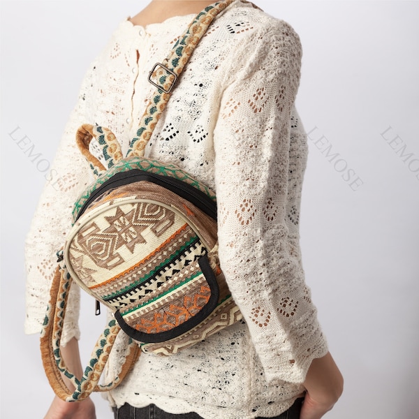 Mini Embriodered Backpack for Women, Small Boho-Hippie Backpack Purse, Casual Cute Woven Backpacks, Unique Ethnic Design Bag, Christmas Gift