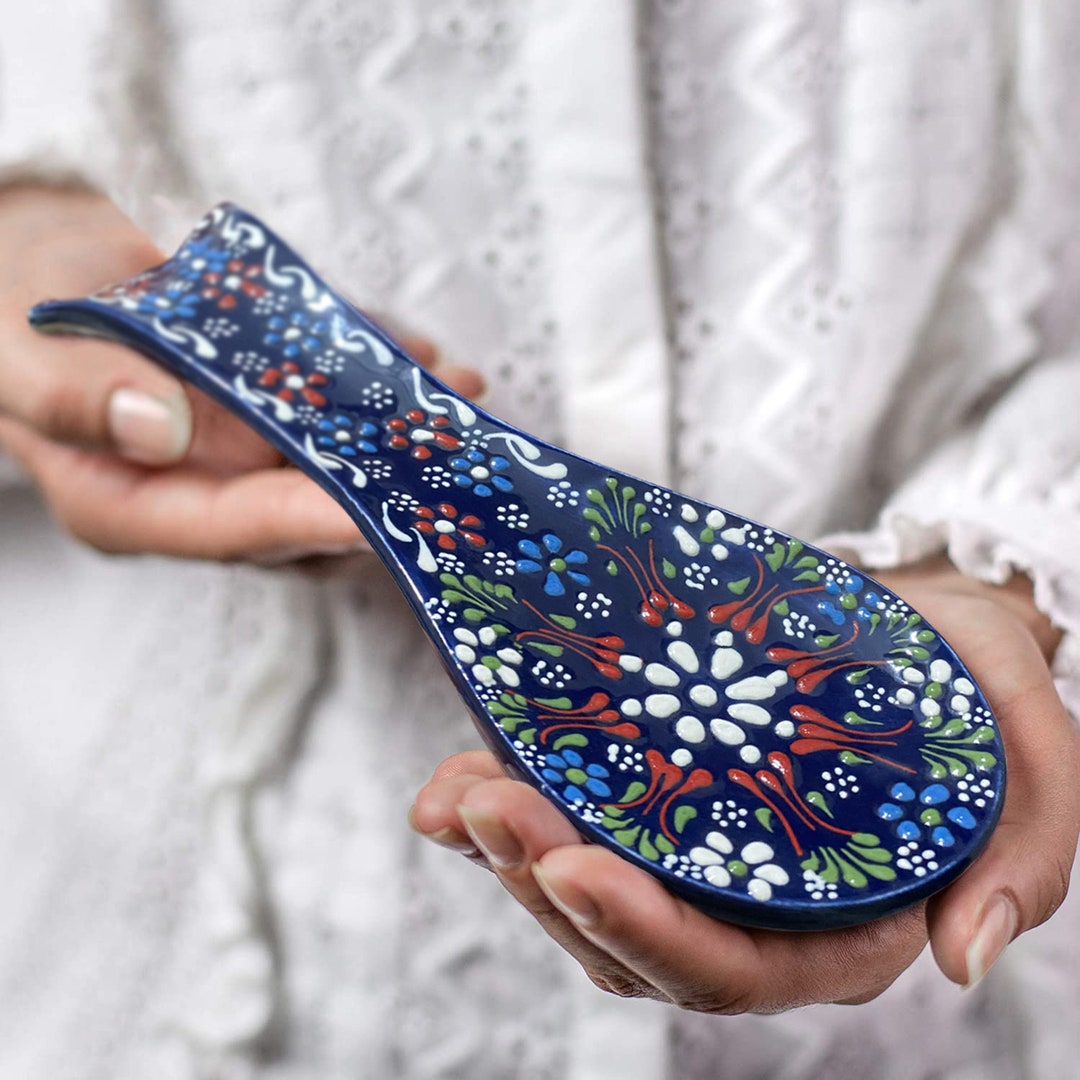 Handmade Ceramic Spoon Rest, Blue Turkish Spoon Rest for Kitchen, Hand