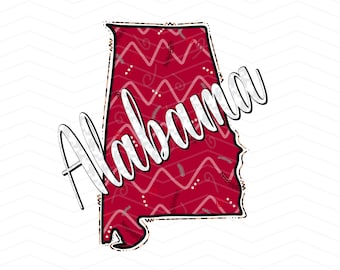 May include: A red outline of the state of Alabama with a white floral pattern and the word "Alabama" written in white cursive across the state.