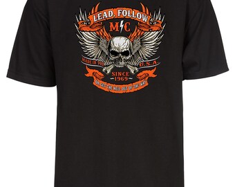 Mens Lead Follow MC Biker Tshirt Motorcyle Chopper Skull Wing Shirt Black