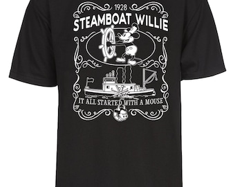 Mens Steamboat Willie T-Shirt - Classic Vintage Label 1928 Cartoon Shirt