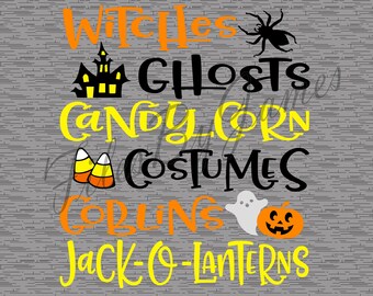 Witches Ghosts Candy Corn Costumes Goblins Jack O Lantern Hallowen Fall SVG Cut File Design Cricut Silhouette Brother For Shirts Signs Decal