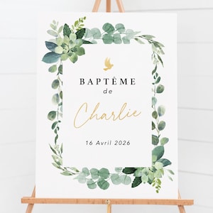 Decorazione murale per battesimo stampabile, PDF personalizzato per la cerimonia, poster da scaricare, poster per l'ingresso alla festa con nome e tema foglia.
