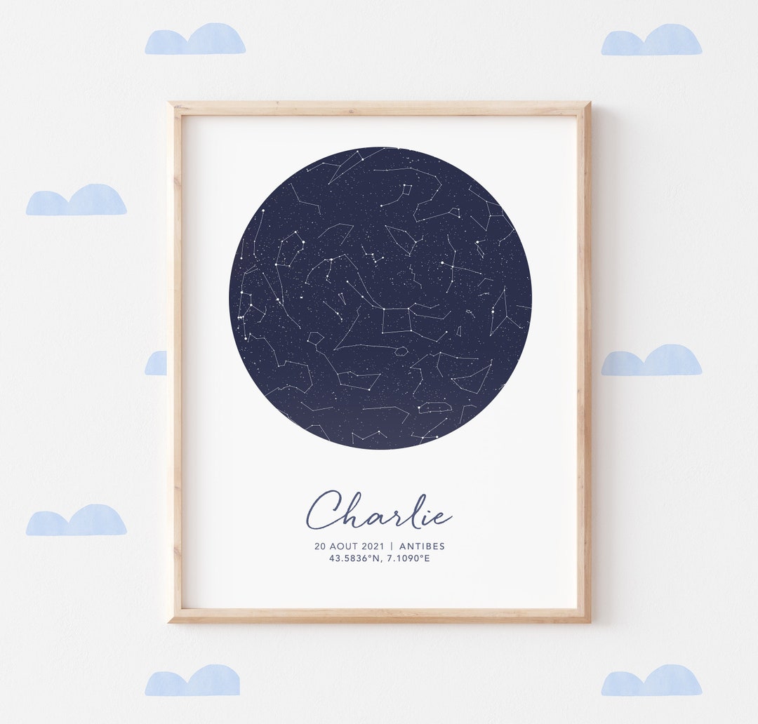 Affiche Personnalisée Carte Du Ciel - Impression Ciel Nocturne Date Précise - Cadre Aluminium - Cadeau Romantique