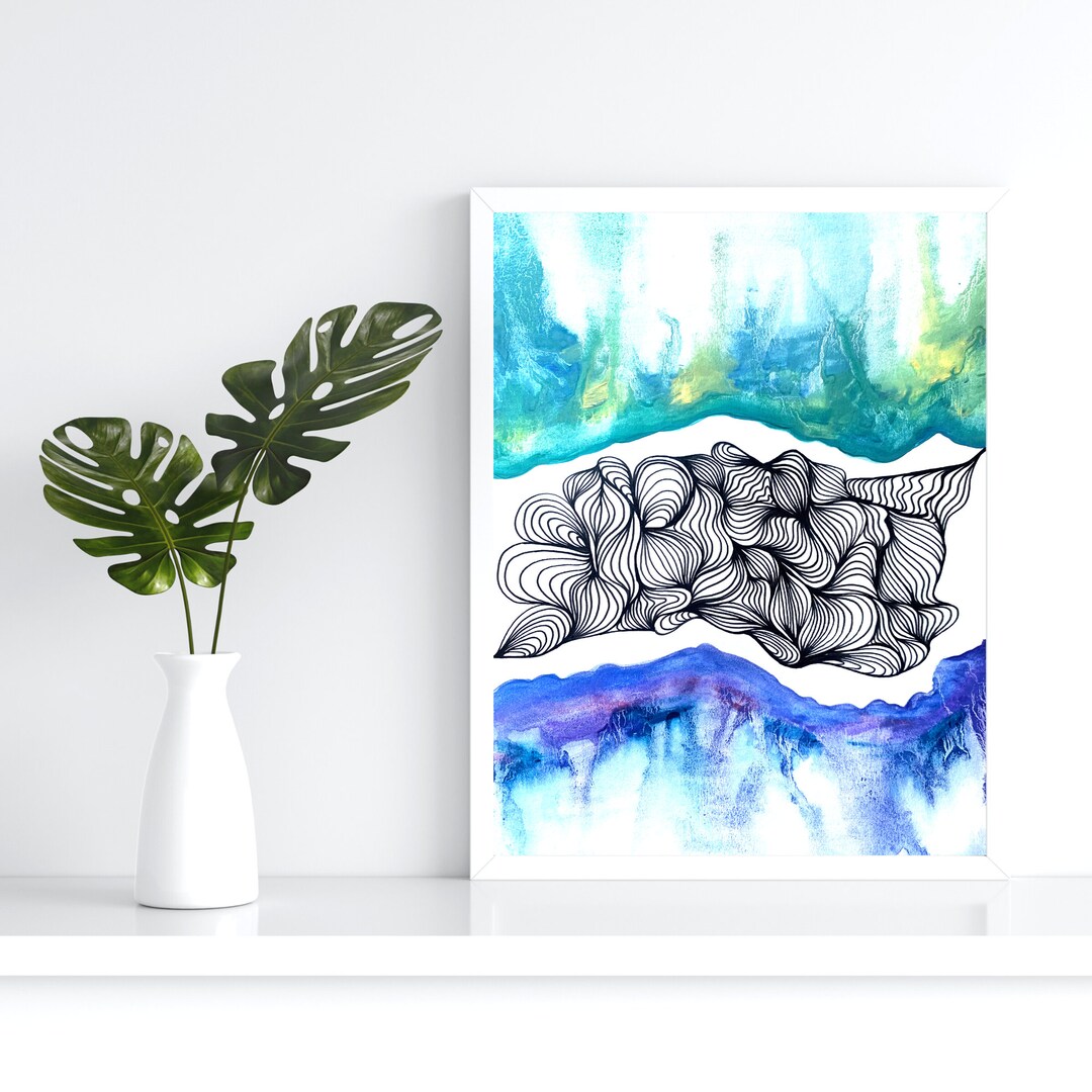 Abstract Wall Art Watercolor and Line Art Purple and Green Watercolor Instant Download Multiple