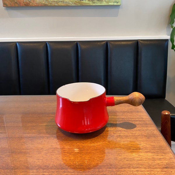 Vintage Dansk Kobenstyle France Red Enamel Sauce Pan Pot Wood