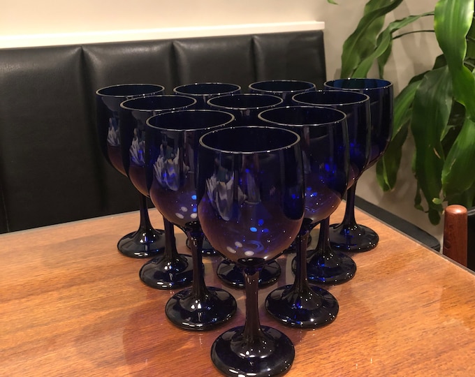 Vintage Libbey Cobalt Blue Wine Glasses, Premier Wine Glass Set of 10