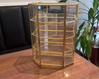 Vintage 9 1/4”, 4 Tier Brass Glass Curio Cabinet Etagere Display / MCM Brass Glass Curio Cabinet Shelf / MCM Brass Glass Display