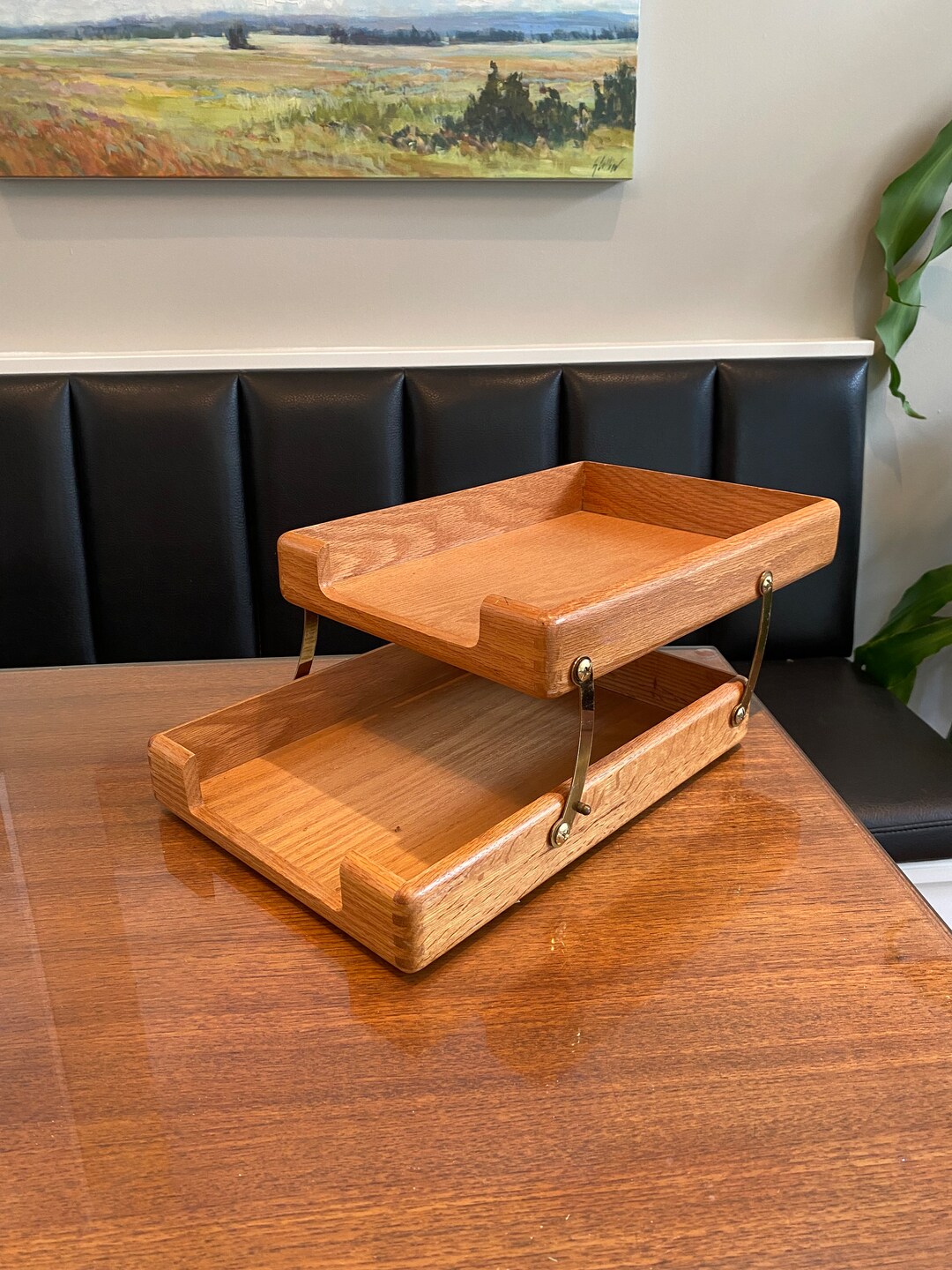 Retro Desk Organizer 2 Tier File Tray Made of Wood & Brass /mid Century