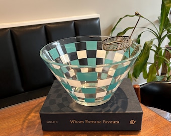 Vintage MCM Turquoise checkered  Chip and Dip Glass bowl with bracket / vintage anchor hocking turquoise and white checkered chip and dip