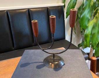 Mid Century Candlestick / Candle Holder in String Design Made of Teak Wood 60s Vintage