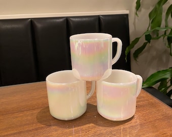 Vintage Federal Glass Iridescent Mugs Set of 3 Mug Holographic Coffee Milk Aurora Pearl Luster Moonglow Moon Glow Rainbow Lusterware 1960s