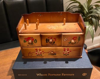 Vintage Handpainted Sewing Organizer with drawers, wooden sewing chest/storage