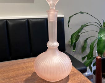 Vintage Pink Satin Glass Carafe | Mid-Century Ribbed Decanter