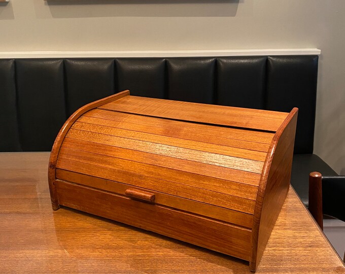 Vintage Teak Wood Bread Roll Top Storage Box / Wood Bread Storage Box