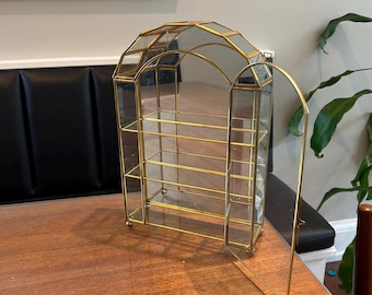 Vintage 12 1/2” 3 Tier Brass Glass Curio Cabinet Etagere Display / MCM Brass Glass Curio Cabinet Shelf / MCM Brass Glass Display