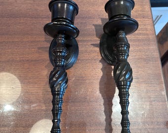 Vintage Wall Sconces, Taper Candle Holders, Pair of black metal heavy Bombay wall sconces