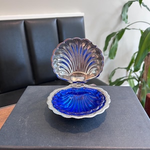 May include: A hinged clam shell dish featuring a metallic silver exterior and a vibrant cobalt blue glass interior. The shell has a scalloped edge and a reflective finish. It is resting on a black book titled Mussio Whom Fortune Favours.