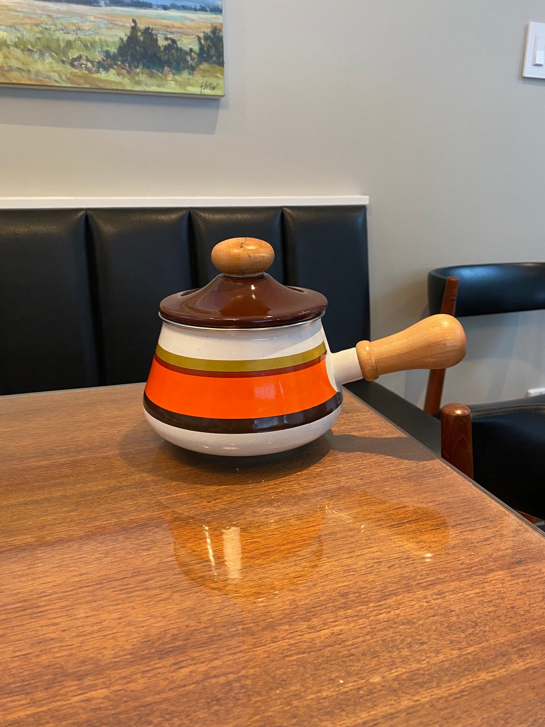 Vintage Lefcoware Fondue Enamel Pot Saucepan 70s Wooden Handle Made in