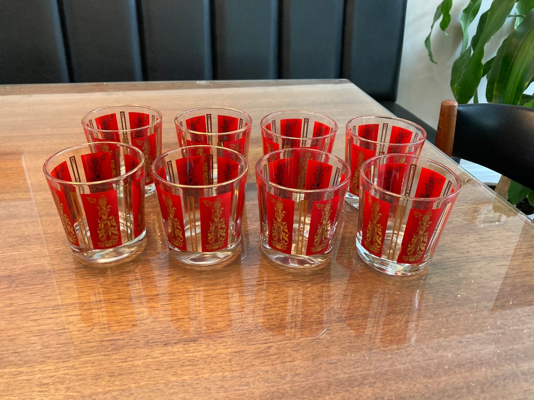 4 Vintage Culver Red and Gold Thai /hindu Goddess Tumbler Glasses Set