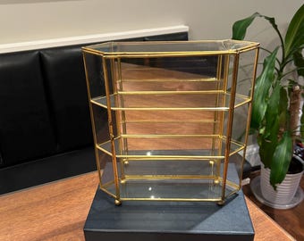 Vintage 10 1/2” 3 Tier Brass Glass Curio Cabinet Etagere Display / MCM Brass Glass Curio Cabinet Shelf / MCM Brass Glass Display