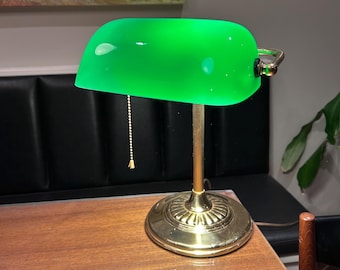 Brass Emerald Shade Bankers Library Desk Lamp, Emerald Green Glass Desk Lamp, Banker Desk Lamp