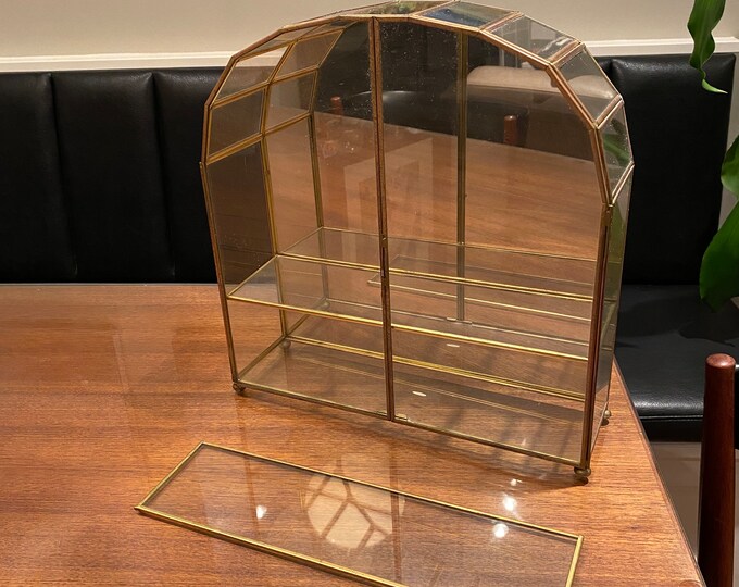 Large Vintage Display Case Brass and Glass With Shelves and Mirrored