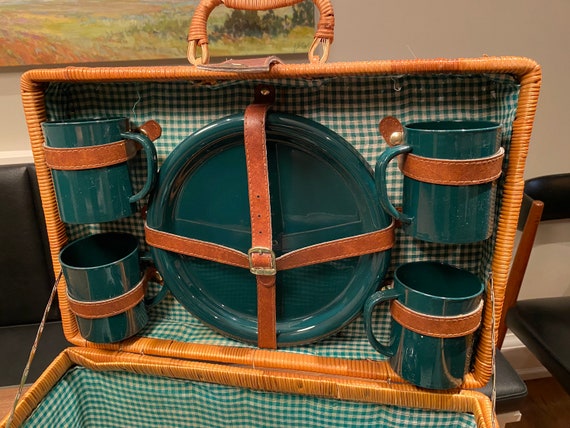 Vintage Wicker Suitcase Picnic Set Of 4 | Vintage… - image 1