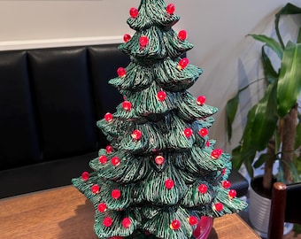Vintage Green Ceramic 17 Inch Lighted Christmas Tree with holly base / vintage green ceramic lighted  Christmas tree