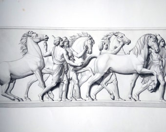 TIX antique original graphic copper engraving from 1875, frieze Entry of Alexander the Great into Babylon by Thorwaldsen