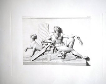 TIV antique original graphic copper engraving from 1875, frieze entry of Alexander the Great into Babylon by Thorwaldsen